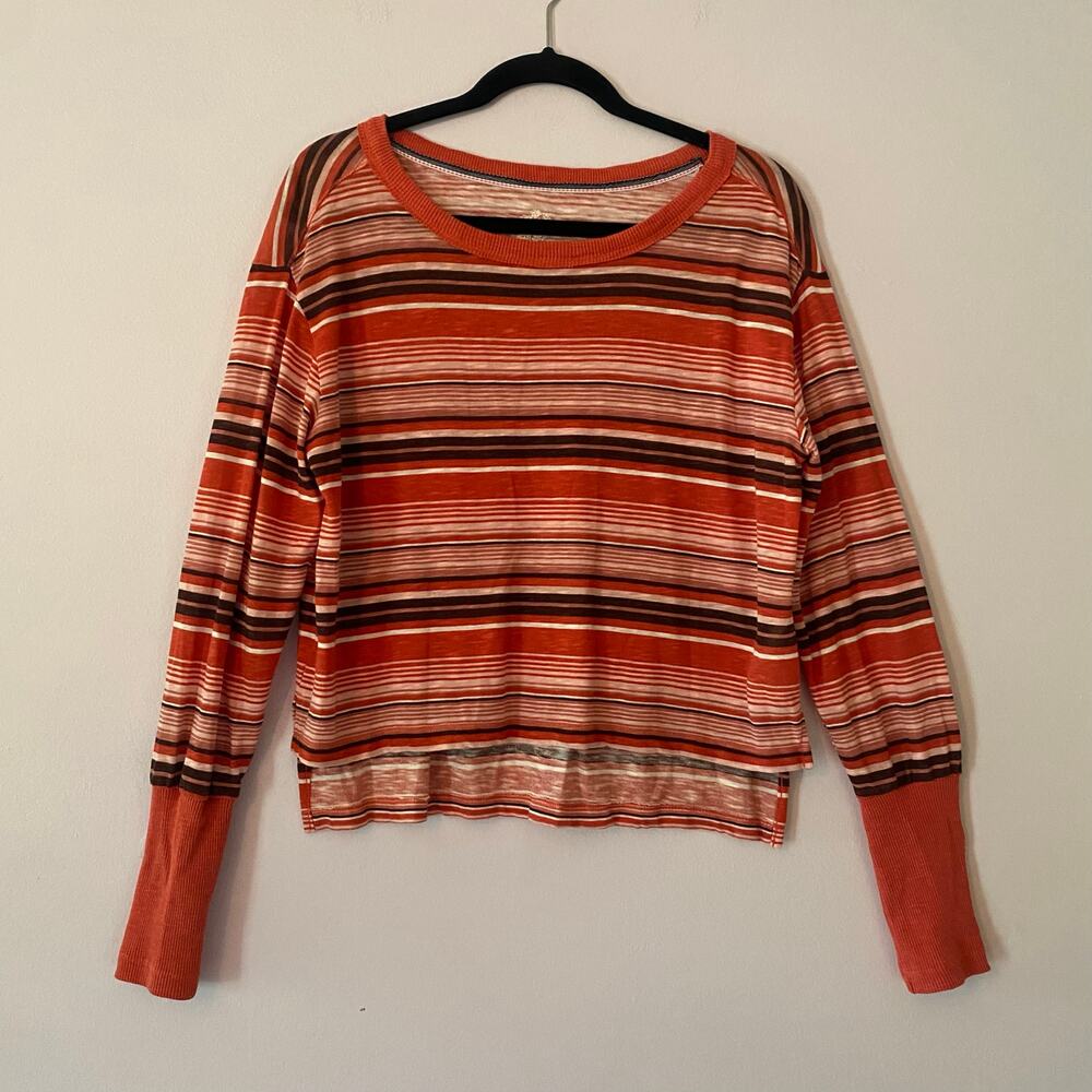 Pilcro Anthropologie Orange Stripe Crop Long Sleeve Crewneck Shirt Cotton Small